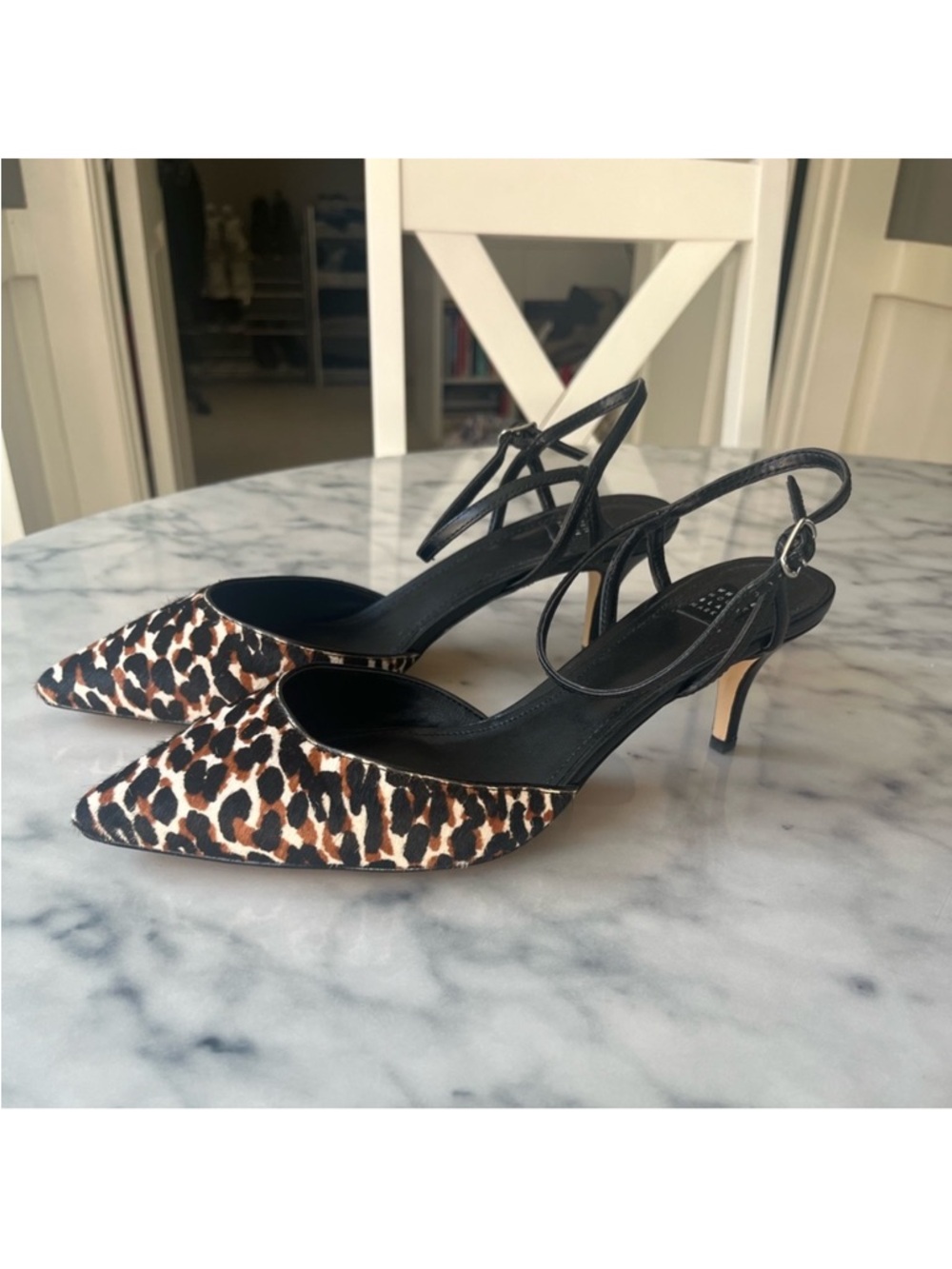 WHBM White House Black Market cheetah print black heels womens US size 8